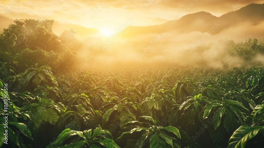 Poster a lush green jungle with a sun setting in the background