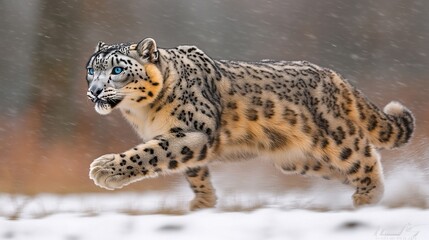Obraz premium Rare Cheetah in Snowy Landscape Sprinting Amidst Frosty Trees and Gray Skies