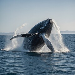 Fototapeta premium A whale breaching out of the ocean with a white background.