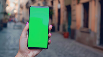 person holding smartphone with green screen in city street. background features cobblestone paths and historic buildings, creating vibrant urban atmosphere