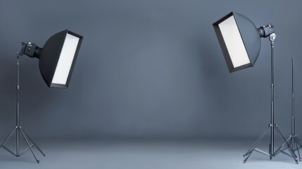 A photography studio with two lights and a grey backdrop.