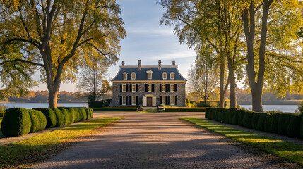 Fototapeta premium Hudson Valley historic stone estate with apple orchards and river views, restored Dutch colonial manor in Upstate New York