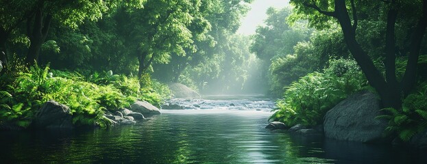 Forest Stream with Sunlight Filtering Through Trees.