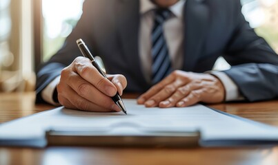 In a bright office, a dedicated lawyer is signing important legal documents, ensuring every detail is accurate to facilitate successful agreements and uphold justice in business dealings