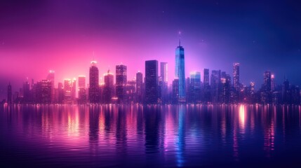Fototapeta premium A vibrant, neon cityscape with purple and blue hues reflecting on the water at night.