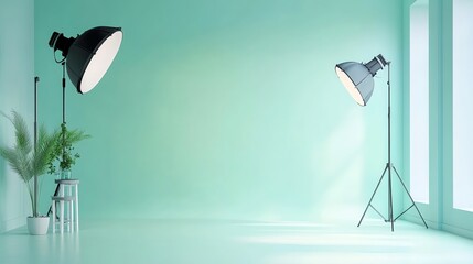 An empty photo studio with two lights and a green backdrop.