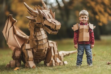 A young boy in a cardboard armor stands proudly beside a cardboard dragon, showcasing creativity and imagination in a playful setting.