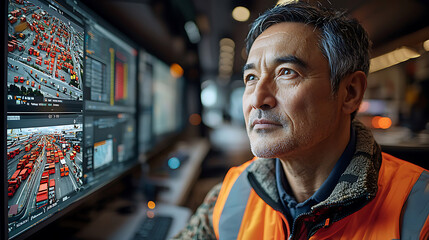 Efficient transportation management system in control room, featuring focused man monitoring multiple screens displaying logistics data and vehicle movements