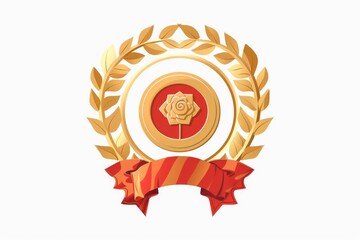 A shiny gold medal wrapped with a vibrant red ribbon