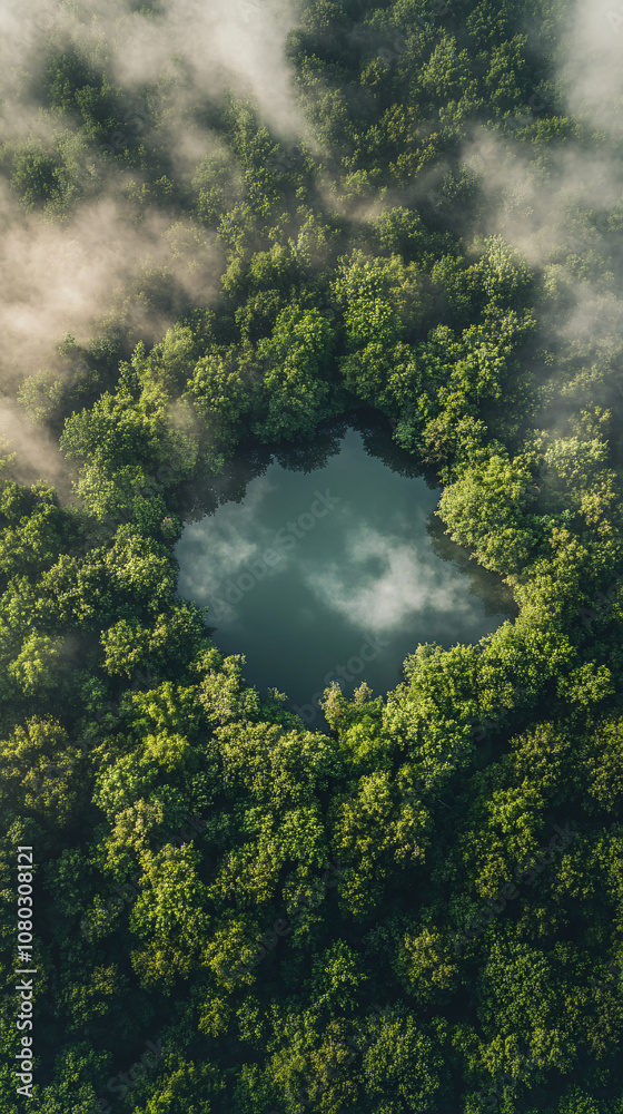Aufkleber serene and magical atmosphere created by misty lake and lush green trees seen from above