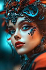 Close-up of a young woman with intricate facial designs and an elaborate, jewel-adorned headdress, capturing an artistic blend of beauty and fantasy with vivid detail.