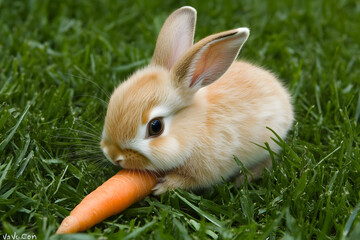 Fototapeta premium A small rabbit nibbling on a carrot in a grassy field, with its ears perked up in curiosity. A rabbit enjoying a tasty snack.