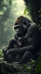 Obraz premium Motherly Love in the Jungle: Gorillas in Serene Forest Setting with Mother Baby Bonding