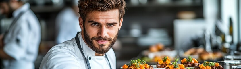 Fototapeta premium Chef crafts exquisite gourmet dish in a bustling professional kitchen environment