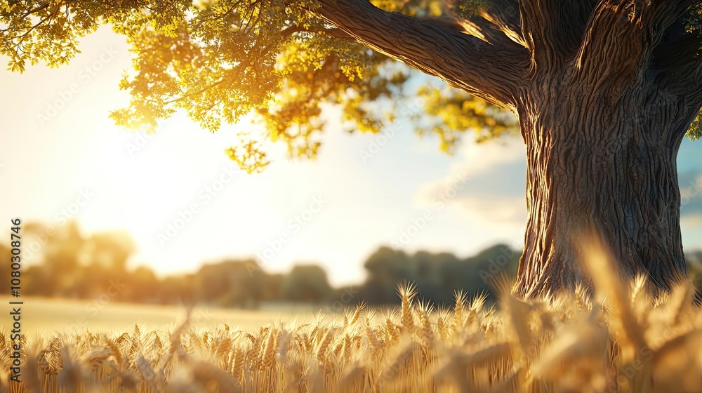 Poster tree in a golden field at sunset, creating a serene natural landscape.