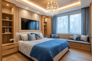 3D Rendering of an Elegant Minimalist Bedroom with  Ambient Lighting, and Modern Decor