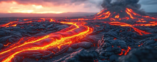 Lava flowing from an erupting volcano under a dramatic sunset sky.