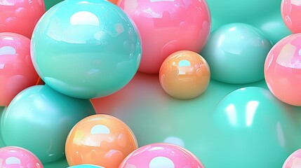 Colorful glossy abstract spheres in pastel shades of pink, orange, and teal