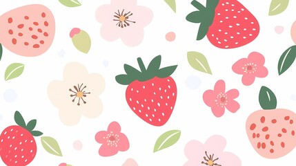 cute pink and white strawberry flowers illustration poster background