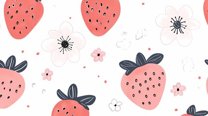cute pink and white strawberry flowers illustration poster background