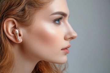 Fototapeta premium Deaf woman showcasing her hearing aids in studio setting with plain background