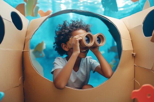 A joyful African boy using binoculars while playing inside a cardboard submarine. Depicting imagination and creativity