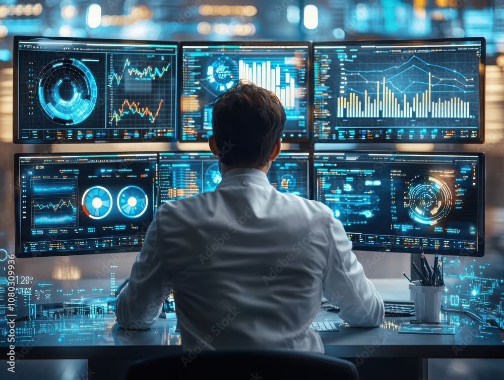 Poster data scientist analyzes complex datasets on multiple screens to uncover insights and trends