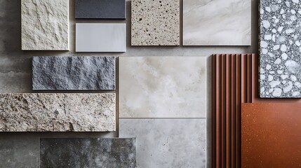 Flatlay of various stone and textured samples.