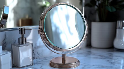 A stylish round mirror on a marble surface for personal grooming.