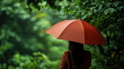 Person with orange umbrella in green park