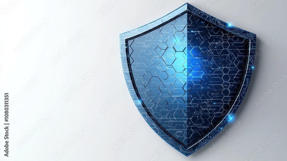 Poster create a stunning digital shield symbol featuring an intricate hexagonal pattern for enhanced visual