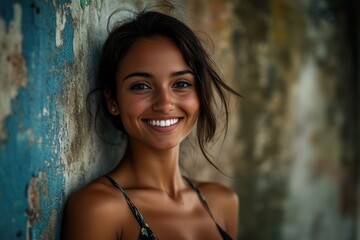 Fototapeta premium A portrait of a beautiful young woman resting against a wall, with a calm and peaceful expression