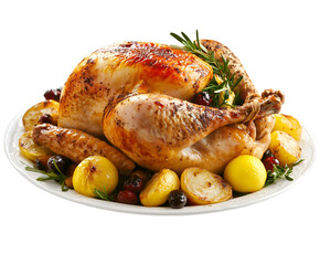 Roasted turkey holiday meal golden and garnished isolated on a white background.