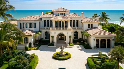Palm Beach Mediterranean villa with private beach cabana and tropical gardens, luxury Florida coastal estate