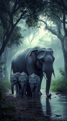 Fototapeta premium Serene Elephant Family Walks Through Rainy Forest Landscape.