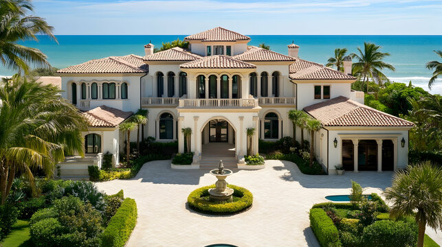 Palm Beach Mediterranean villa with private beach cabana and tropical gardens, luxury Florida coastal estate