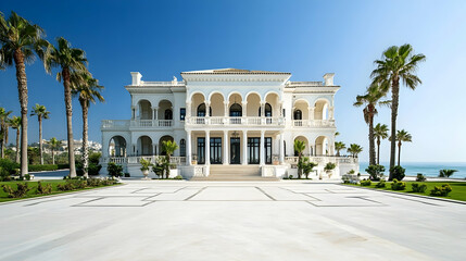 Obraz premium Palm Beach Mediterranean villa with private beach cabana and tropical gardens, luxury Florida coastal estate