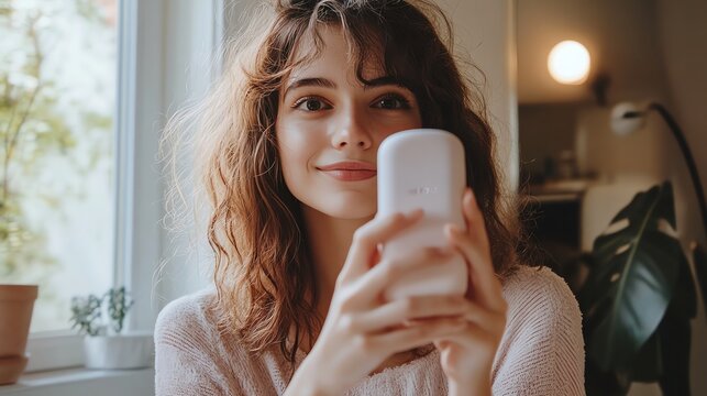 A woman with long brown hair and a pink sweater looks at a white phone.