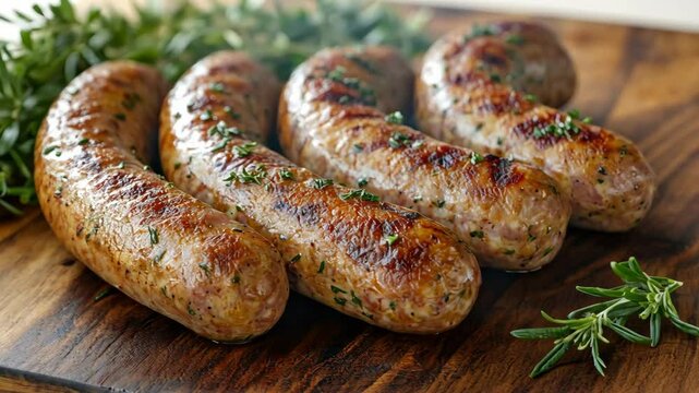 Grilled sausages are arranged on a wooden cutting board, with fresh herbs surrounding them