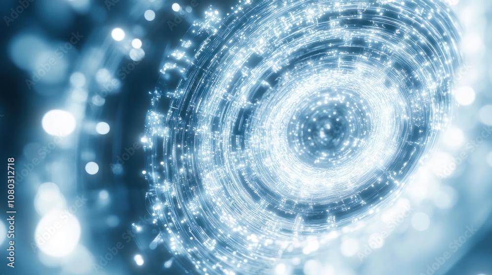 Poster showcasing a series of luminous quantum bits arranged in a circular pattern,