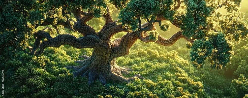 Poster majestic tree with sprawling branches in lush greenery under soft sunlight.