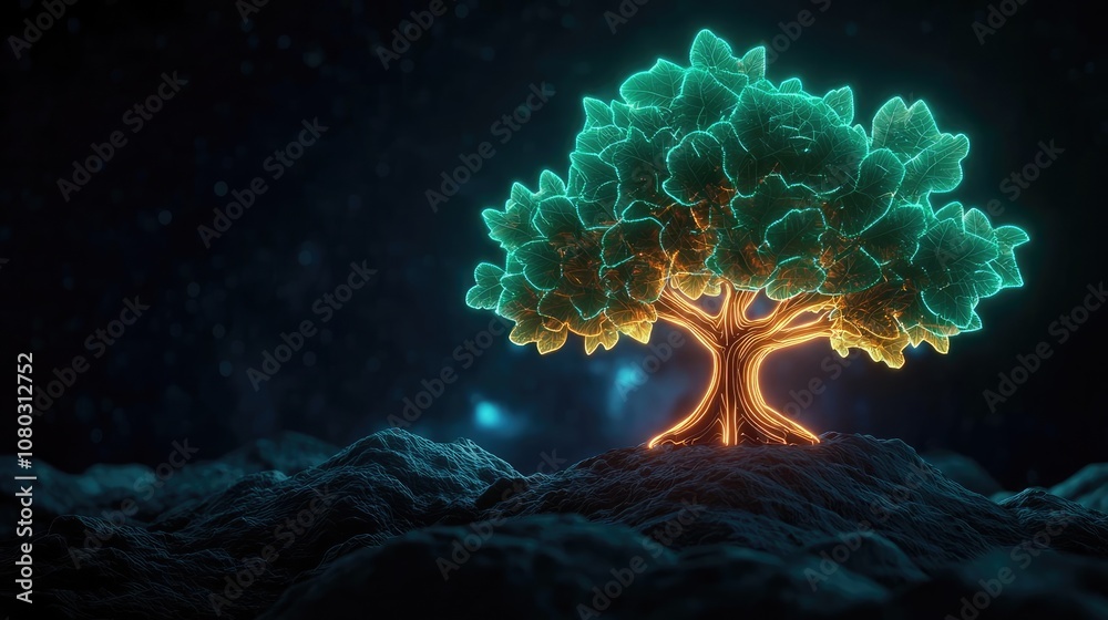 Poster glowing tree against a dark background, illuminated with vibrant neon lights.