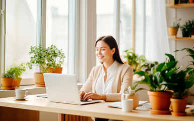 Retrato de mujer profesional trabajando con su computadora portátil en el estudio de su casa. Oficina, trabajo desde casa.