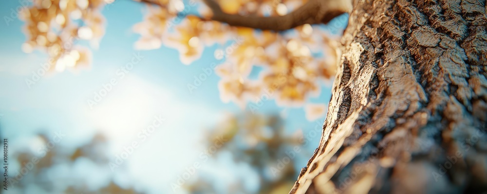 Poster close-up of tree bark with soft-focus leaves and sky in the background.