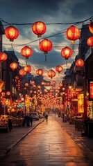 Street adorned with glowing red lanterns during dusk, evoking a festive atmosphere in a bustling urban setting.