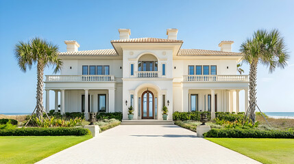 Naklejka premium Palm Beach Mediterranean villa with private beach cabana and tropical gardens, luxury Florida coastal estate