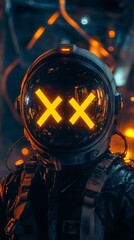 A futuristic astronaut helmet featuring glowing XX symbols, set against a vibrant, sci-fi background with orange lighting.