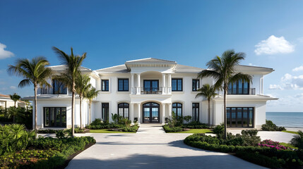 Palm Beach Mediterranean villa with private beach cabana and tropical gardens, luxury Florida coastal estate