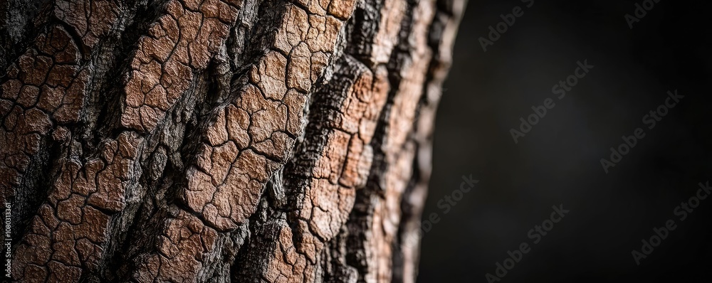 Poster close-up of textured tree bark on a dark background.