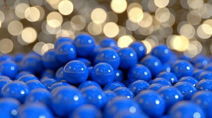 Blue Spheres, Shiny Balls Abstract Texture. Glossy 3D Render with Bokeh Lights Background.